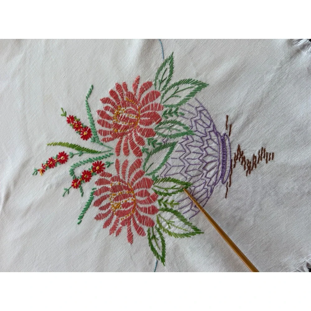 Vintage Embroidered Tablecloth Floral Baskets Fringed 42x50 Cottagecore Folk Art